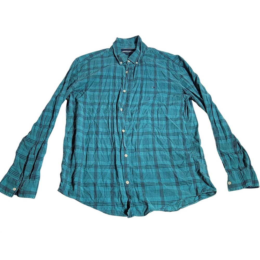 Tommy Hilfiger Mens XXL Teal Black Plaid Cotton Long Sleeve Button Down Shirt